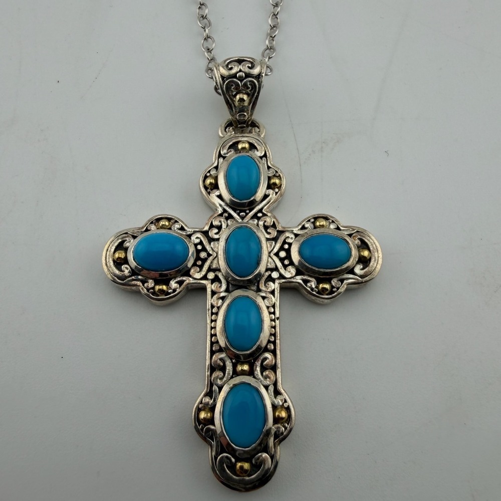 Samuel B Cross Necklace Sleeping Beauty‎ Turquoise Sterling Silver 18K Gold